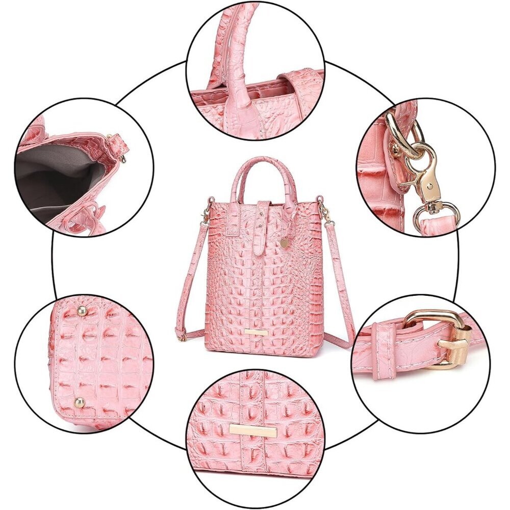 Women's Pink Crocodile Vegan Leather Tote Bag With Shoulder Strap - Picture 7 of 7